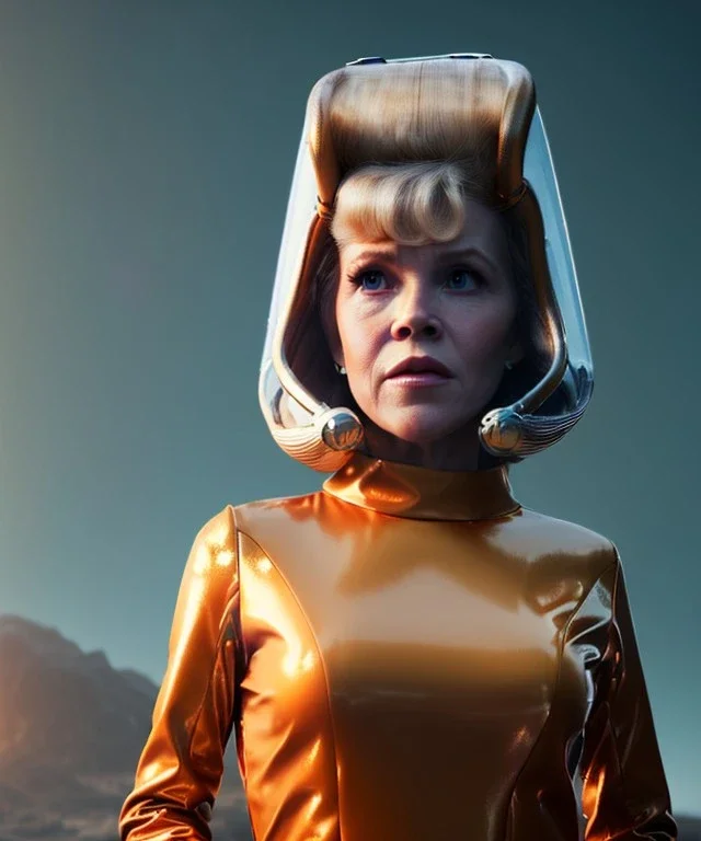 Ultra Realistic retro sci-fi image from 1960, spaceship, sweet young woman Jane Fonda with a Lizard face Man, dress with tight latex coat and retro glass helmet, Retro sci-fi style, soft color, highly detailed, unreal engine 5, ray tracing, RTX, lumen lighting, ultra detail, volumetric lighting, 3d, finely drawn, high definition, high resolution.