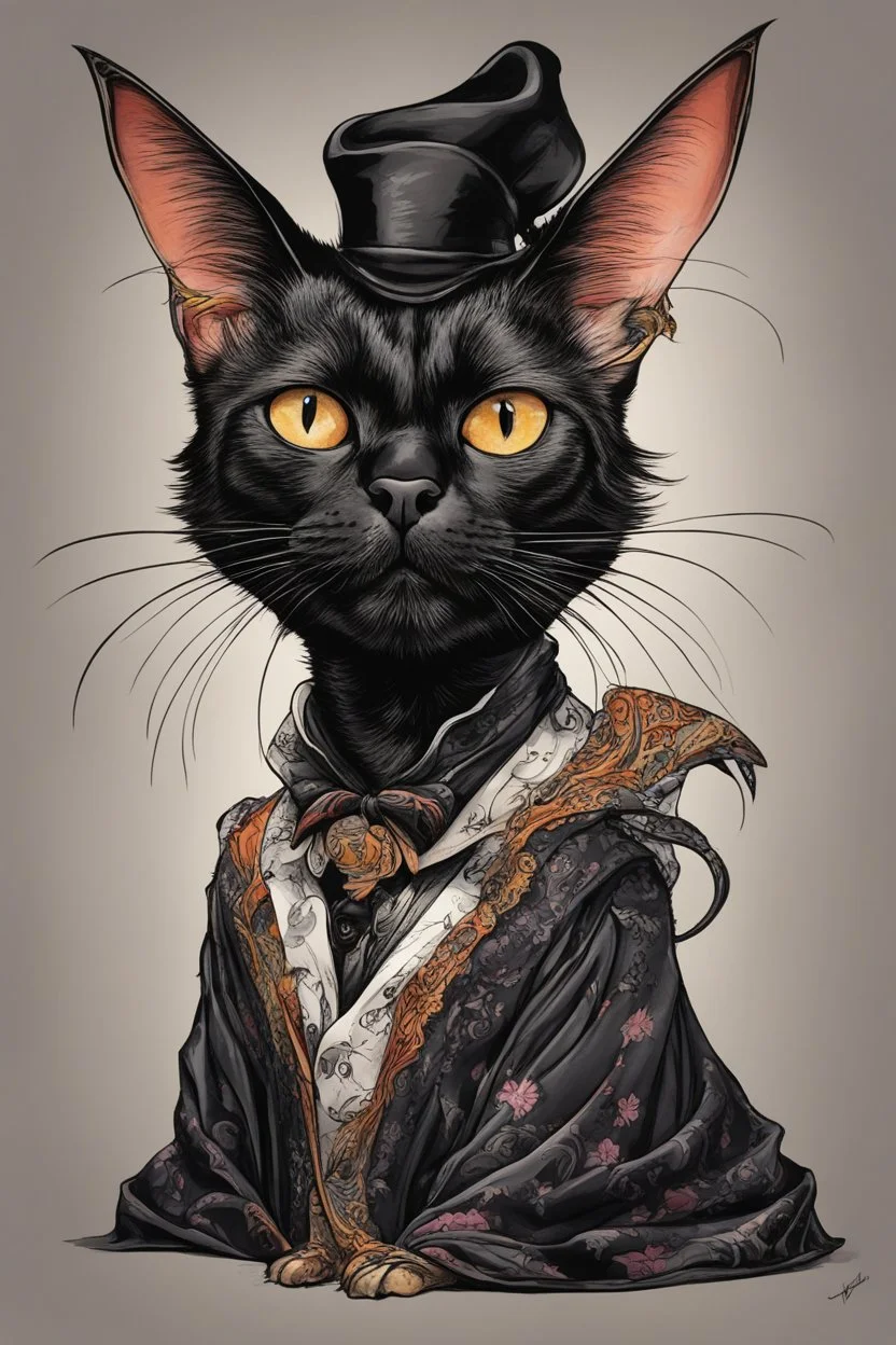 create a wild caricature of an aged, ornately dressed , sorceress Bombay cat, highly detailed with refined feline features in the cartoon caricature style of Gerald Scarfe and Ralph Steadman precisely drawn, boldly inked, vividly colored, 4k