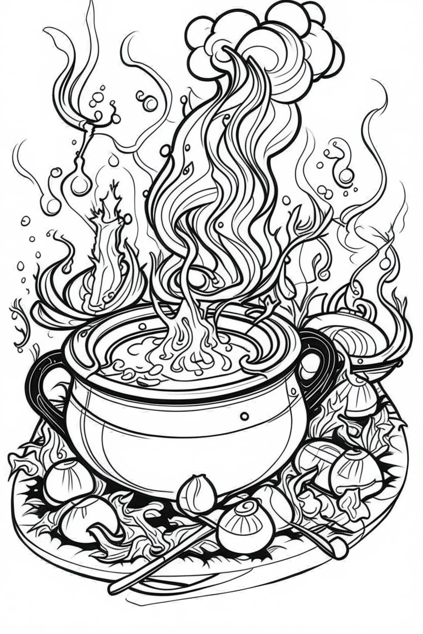 A cauldron bubbling with green potion, surrounded by witches casting spells. Outline, sketch style, only use outline, mandala style, clean line art, white background, no shadows, no clear wall, coloring page.