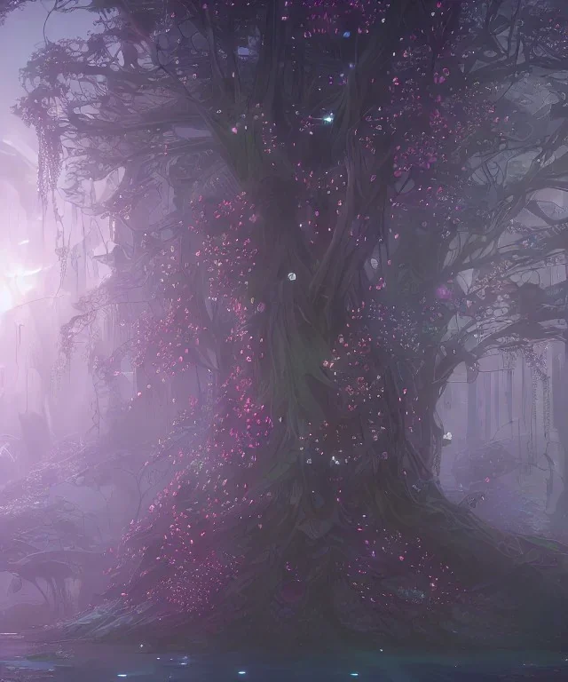 the most stunning, beautiful, Tree of Life with dripping flower garlands, floating globes of light, centered, 8k resolution, high-quality, fine-detail, iridescent, intricate, digital art, detailed matte, volumetric lighting, illustration, 3D octane render, brian froud, howard lyon, selina french, anna dittmann, annie stokes, lisa parker, greg rutowski, alphonse mucha, George Grie, Ben Goossens, Igor Morski