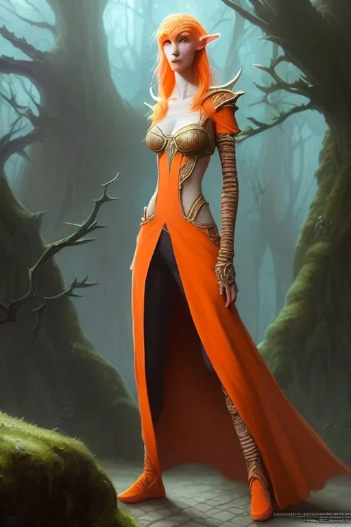 painting of a tall elven young woman with short light orange hair and freckles on the cheak bones and tall body of a topmodel light clothes, long shot, ultra realistic, concept art, intricate details, eerie, highly detailed, photorealistic, octane render, 8 k, unreal engine. art by artgerm and greg rutkowski and charlie bowater and magali villeneuve and alphonse mucha