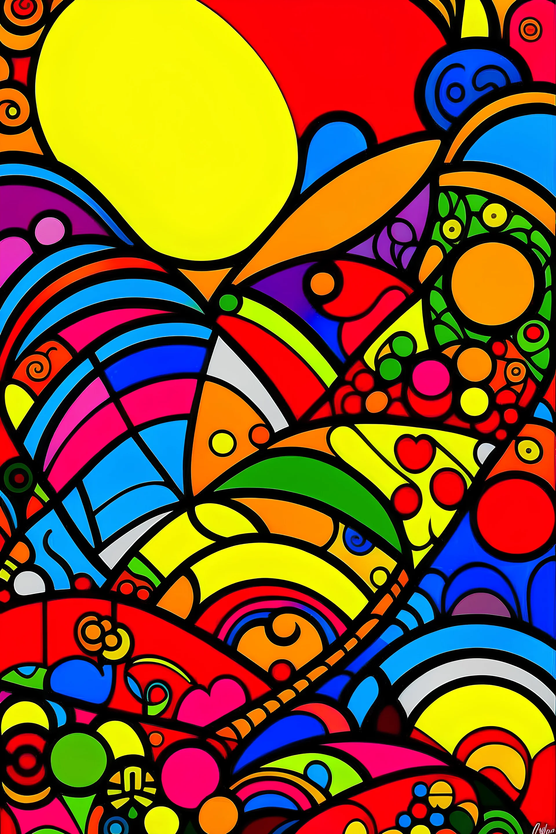 a sunset, colorful, flat colors, 2d, exaggerated shapes, symmetrical, Romero Britto style, thick contour line, bright colors, wow art