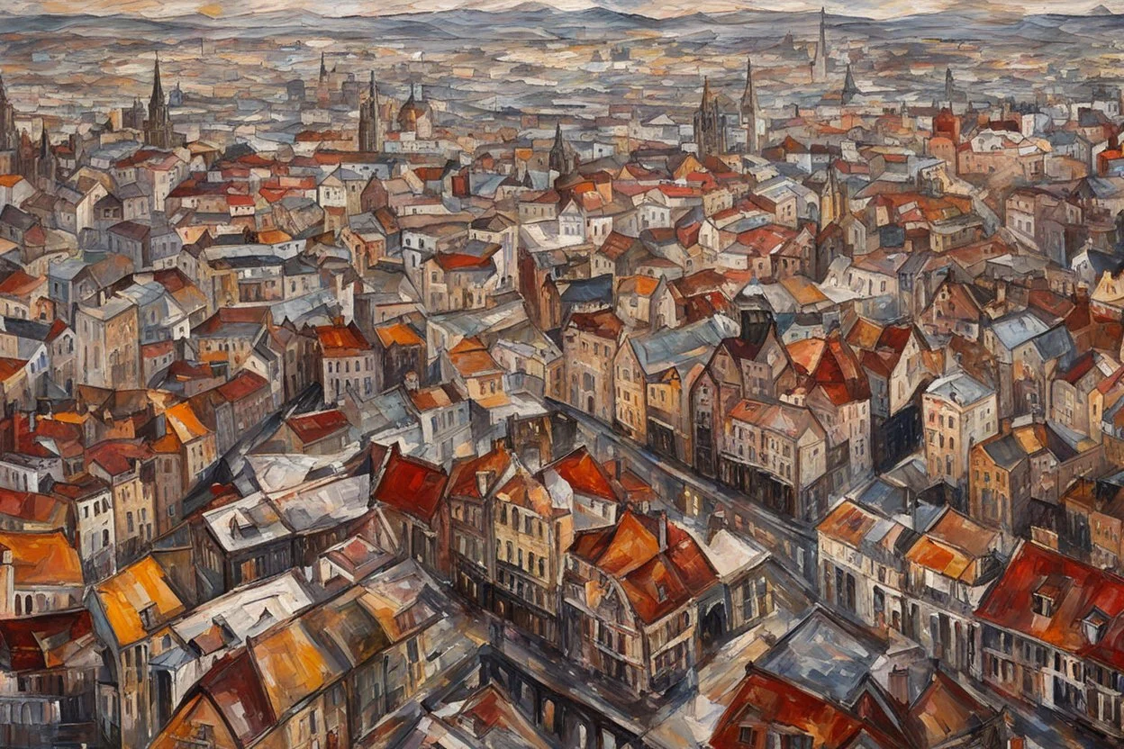 Aerial view palette knife painting of a bustling Victorian London , in the Expressionist style of Egon Schiele, Oskar Kokoschka, and Franz Marc, highly detailed in muted natural colors with fine detail outlining and shading