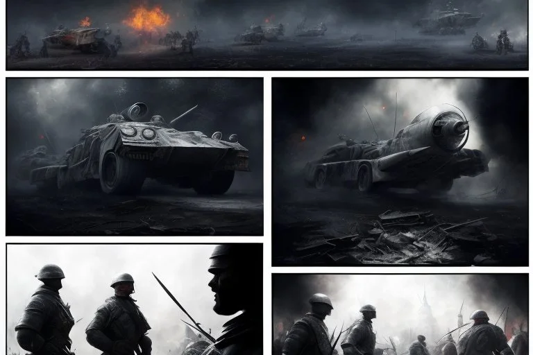 Masterpiece1:5)(Fineart), (award-winning:1.5), highest quality, (ultra realism:1.5) war journalism(,(by Tim Page and Hoorst Faas:1.5))(photorealistic:1.8), (Eastern Ukraine:(panel one:the moment after a battle ends, horrors of war, wounded men),(2nd panel, cinematic shot of men sitting in trench with 1000 yard stare (focus on their eyes:1.5)),(the third panel shows troops tired but hyper alert), (the fourth panel shows the sky is filled with incessant, fire and smoke,)
