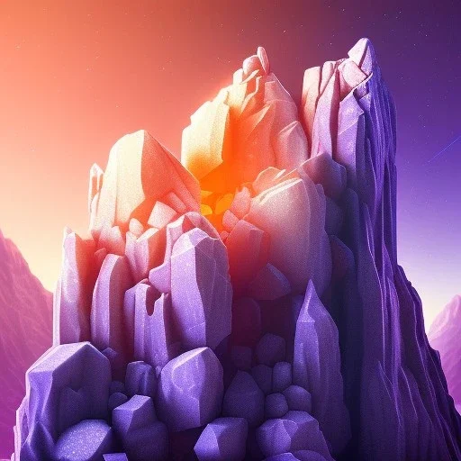 photograph of a (one massive colorful crystal:1.2) growing out of the rocky mountain, (focus on crystal:1.2), 4k, 8k, (highly detailed), ((landscape)),(translucent crystal:1.1), light going trough the crystal, bokeh, chromatic aberration, mountain view, blue and pink background