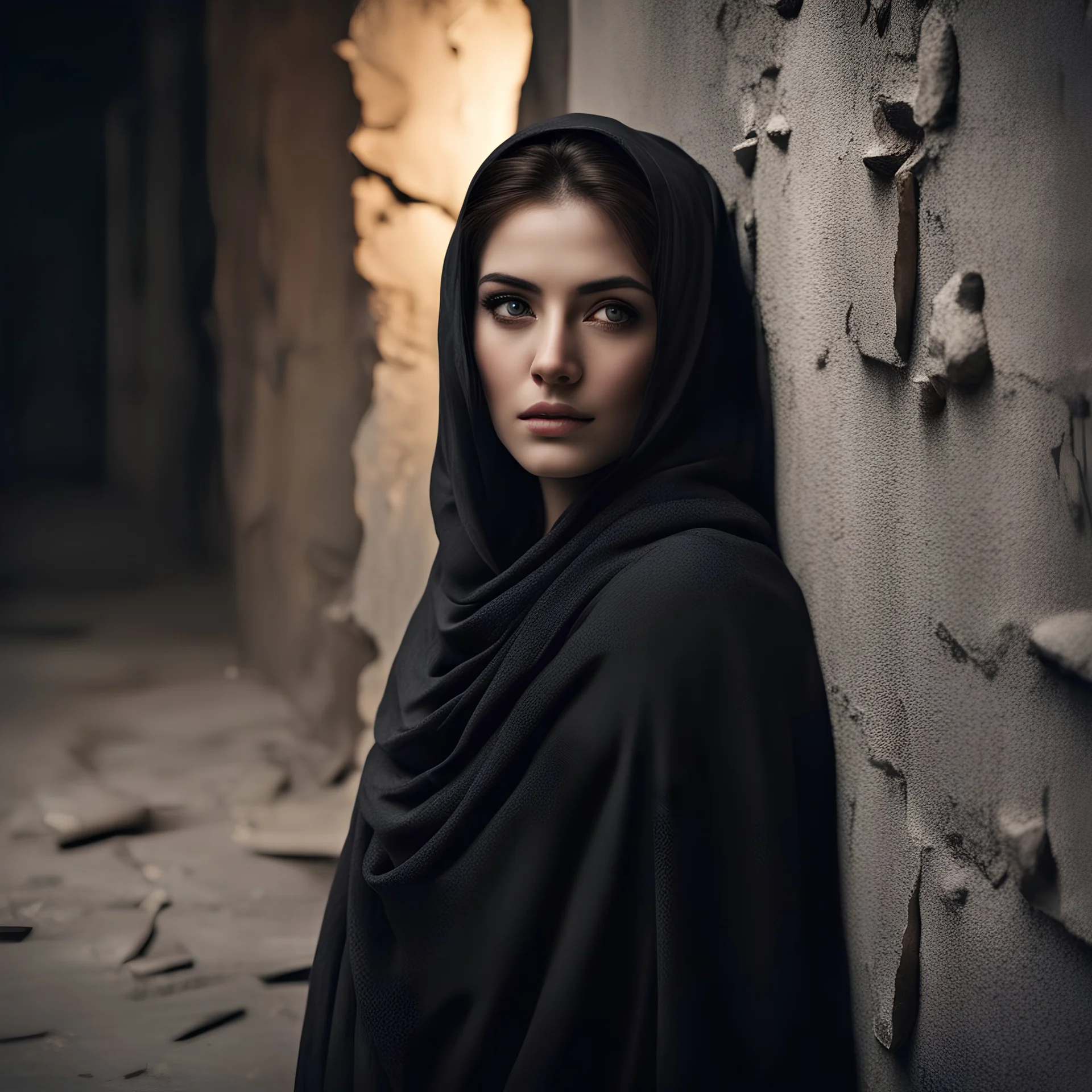 Hyper Realistic Young-Beautiful-Pashto-Woman-With-Beautiful-Eyes in black shawl peeking-half-faced behind a cracked-wall at night with dramatic & cinematic ambiance