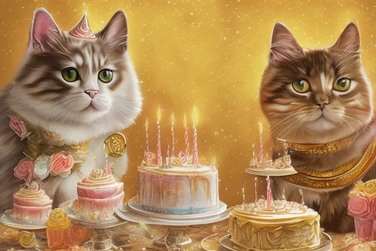 beautiful composition, cat birthday party with cake, watercolor and ink, golden glitters in ochre in sunshine