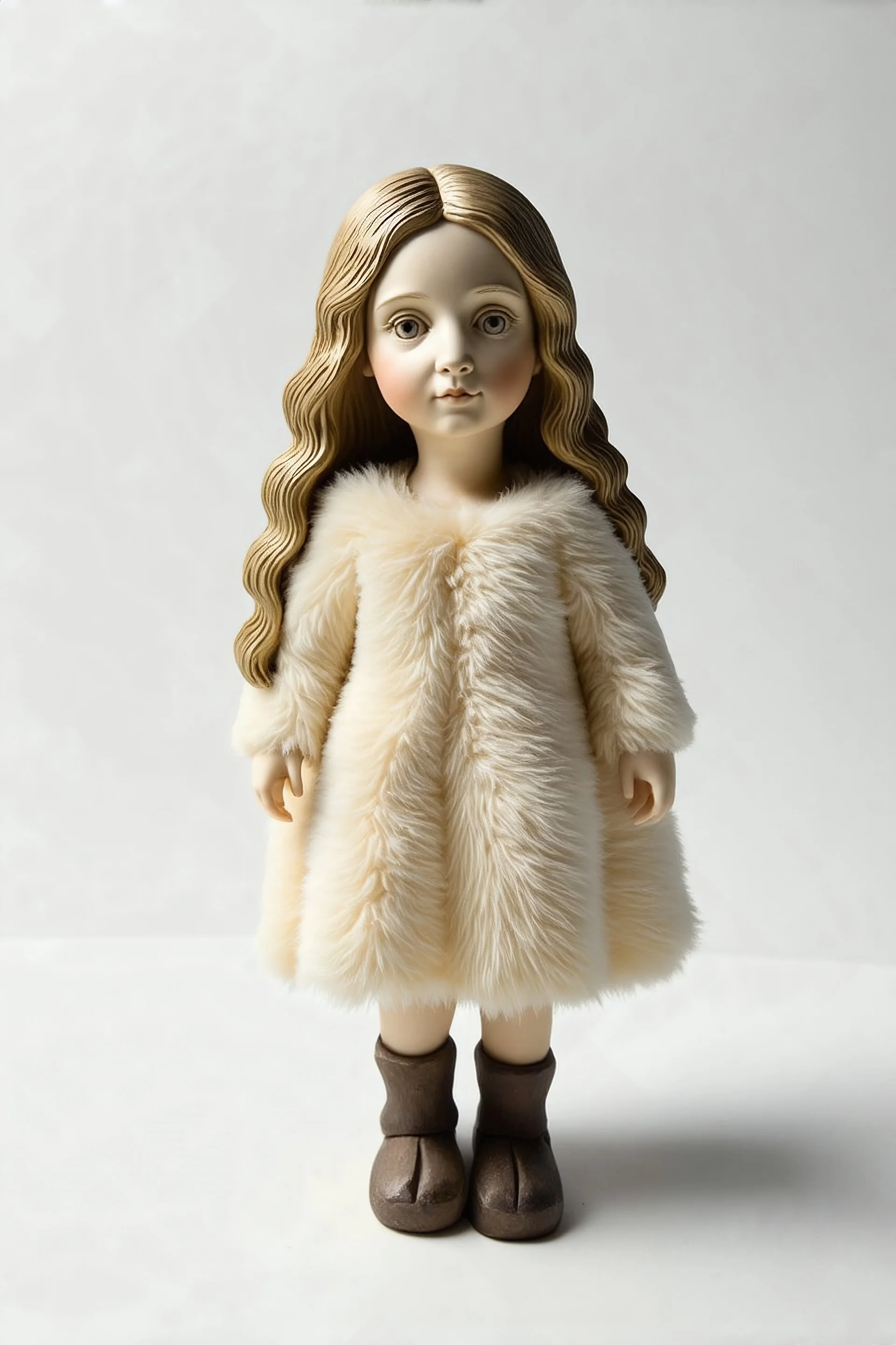 Sculpture en peau de mouton, petite fille aux cheveux longs, fond blanc