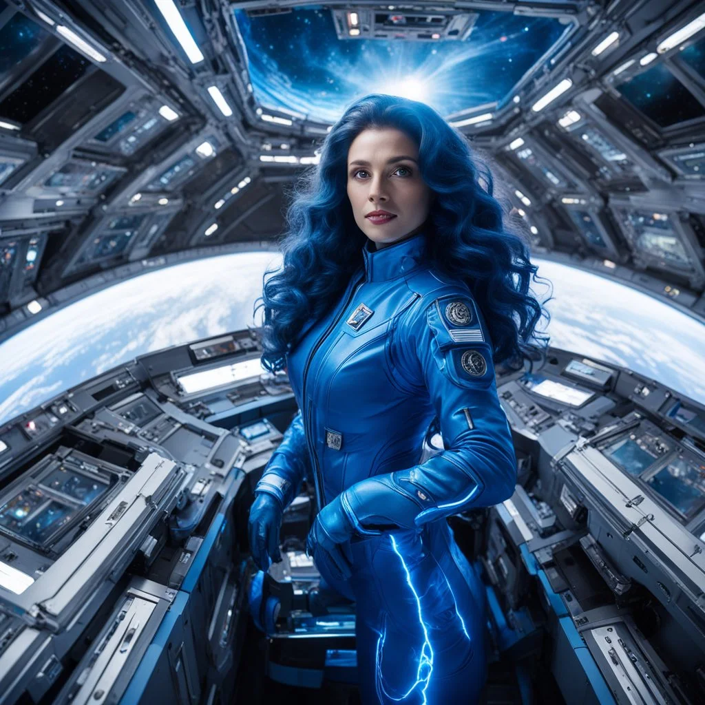 wide-angle photo of a woman in an electric blue suit, with long glowing blue wavy hair, on a space station with views into space