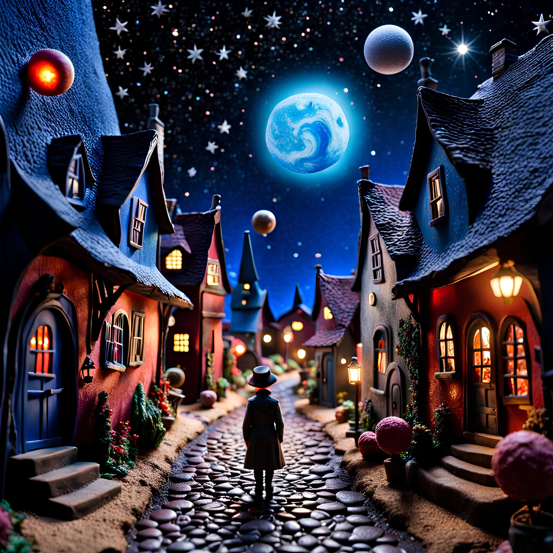 Detailed people, creepy street made of modeling clay, naïve, khsh77, village, stars and planets, splimapys, sun, splops, volumetric light flowers, naïve, Tim Burton, strong texture, orero dream, extreme detail, 2.8, Max Ernst, decal, rich moody colors, sparkles, Harry Potter, bokeh, odd