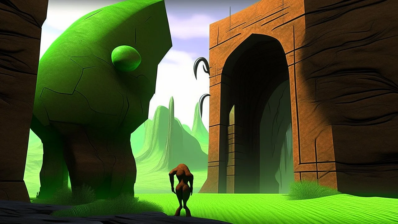 The image presents a surreal and dreamlike landscape. In the foreground, on the left, is a humanoid figure of brown tones, with prominent musculature and a head reminiscent of that of a beetle. To its right, an architectural structure emerges with an organic and rocky appearance, with angular shapes and a window that emits a bright green light. In the background, two plant figures can be seen, one of them similar to a cactus and the other with a more organic and bulbous shape, also with an openi