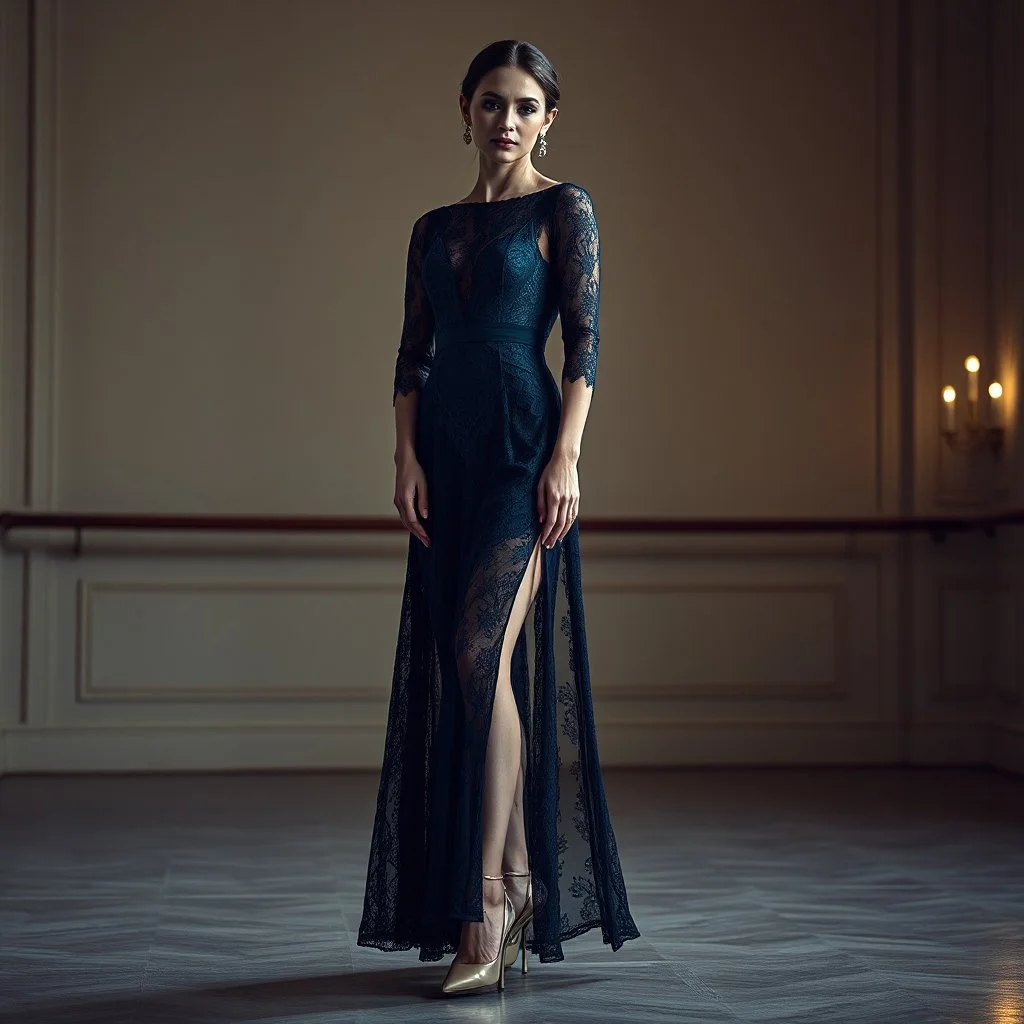 Full-body fashion editorial photograph of an elegant and beautiful woman. She is wearing a sophisticated, delicate dark cyan lace evening gown with modest coverage and matching high heels. Captured in a high-end luxury ballet stage setting with soft, dramatic studio lighting that highlights the texture of the lace. Graceful posture, professional model pose, realistic skin textures, cinematic atmosphere, haute couture style in a luxury stage.
