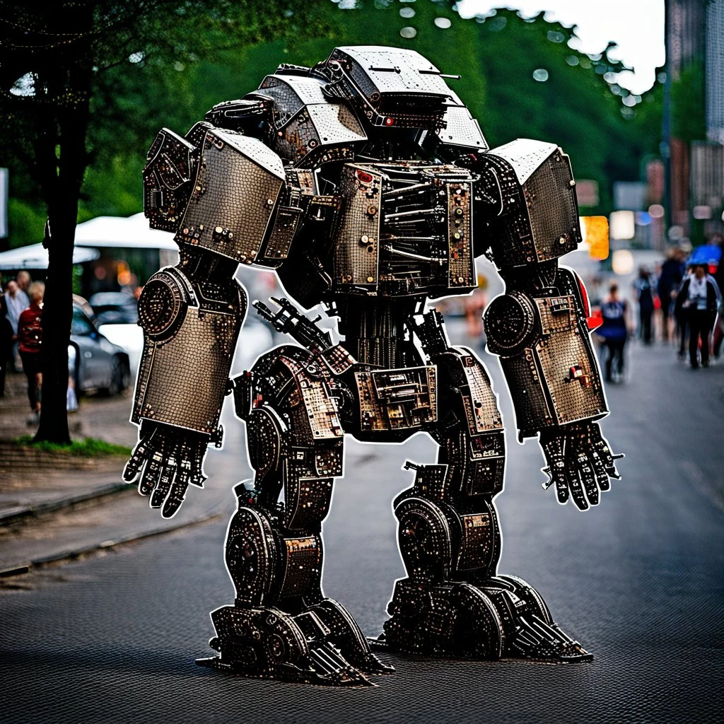 trash mech suit, human-sized, made of scrap metal, small,