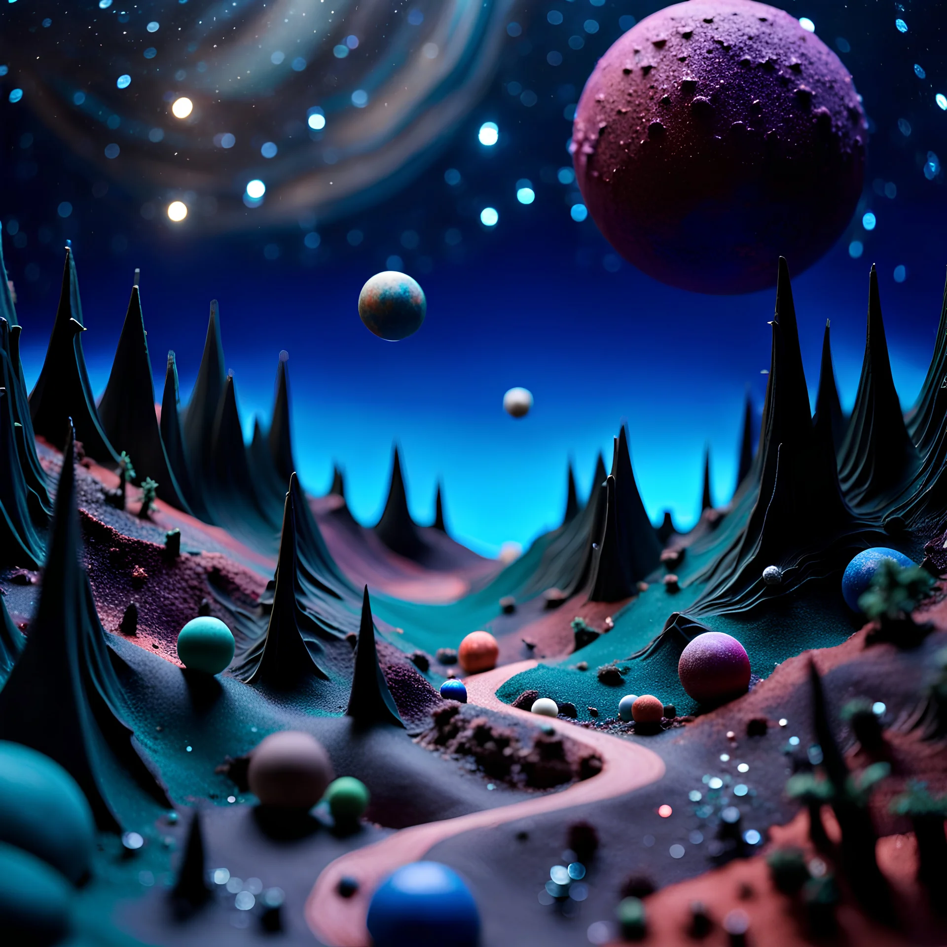 Detailed creepy landscape made of modeling clay, stars and planets, Roger Dean, Tim Burton, strong texture, Ernst Haekel, extreme detail, Max Ernst, decal, rich moody colors, sparkles, bokeh, odd