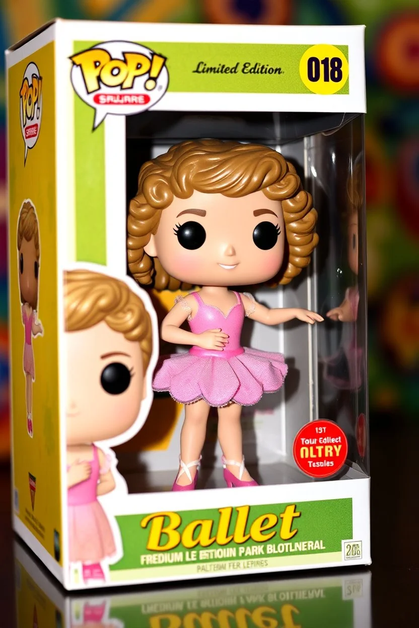 Funko Pop, very young female, medium soft curly dark blond hair, pink ballerina dress, dance pose, smiling, very happy, colorful background, The Funko is displayed inside and outside a limited edition green and yellow Funko box with Ballet text, allowing visibility of the figure, typography, 3D render.