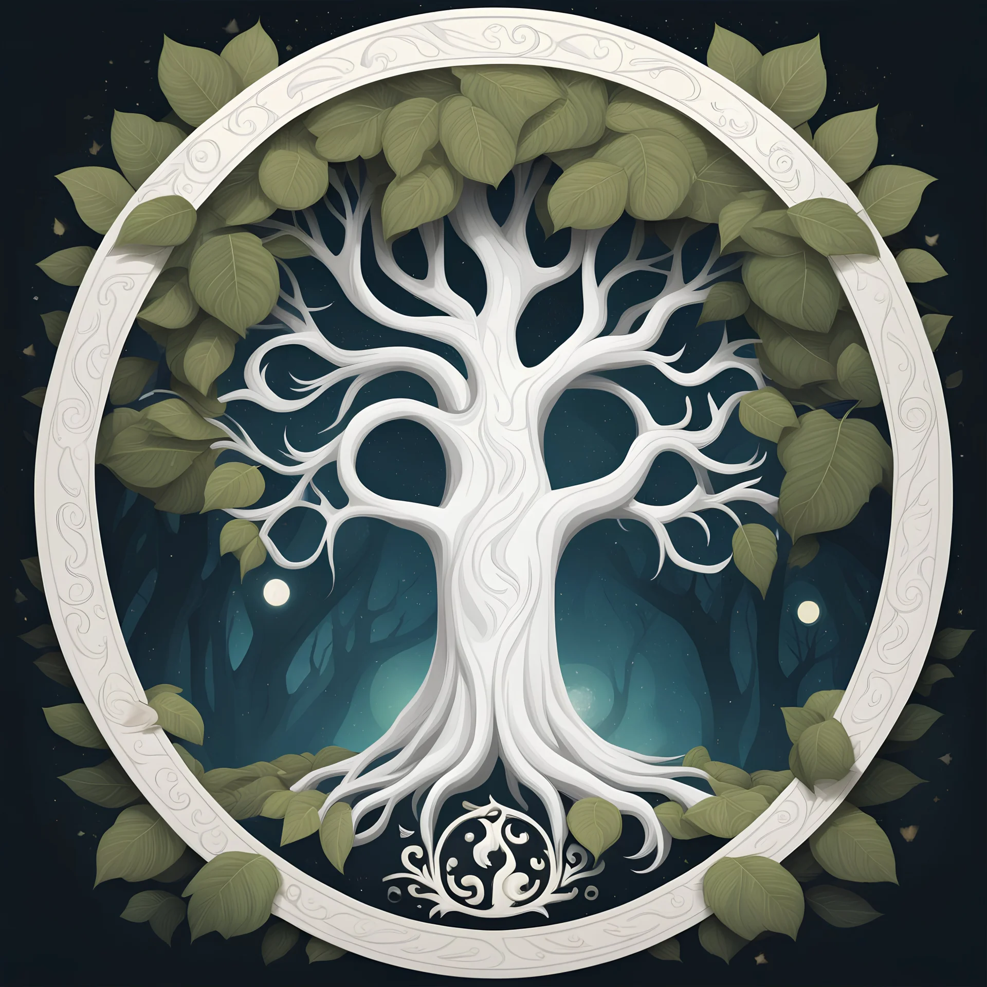 a large white tree in front, near laughing half moon, fantasy logo, surrounded frame of leaves