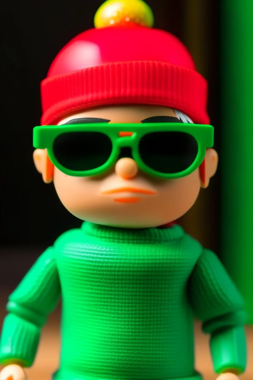 A yung caucasian shaved man with huge black sun glasses wearing a green winter hat, and a red t-shirt. Toy.