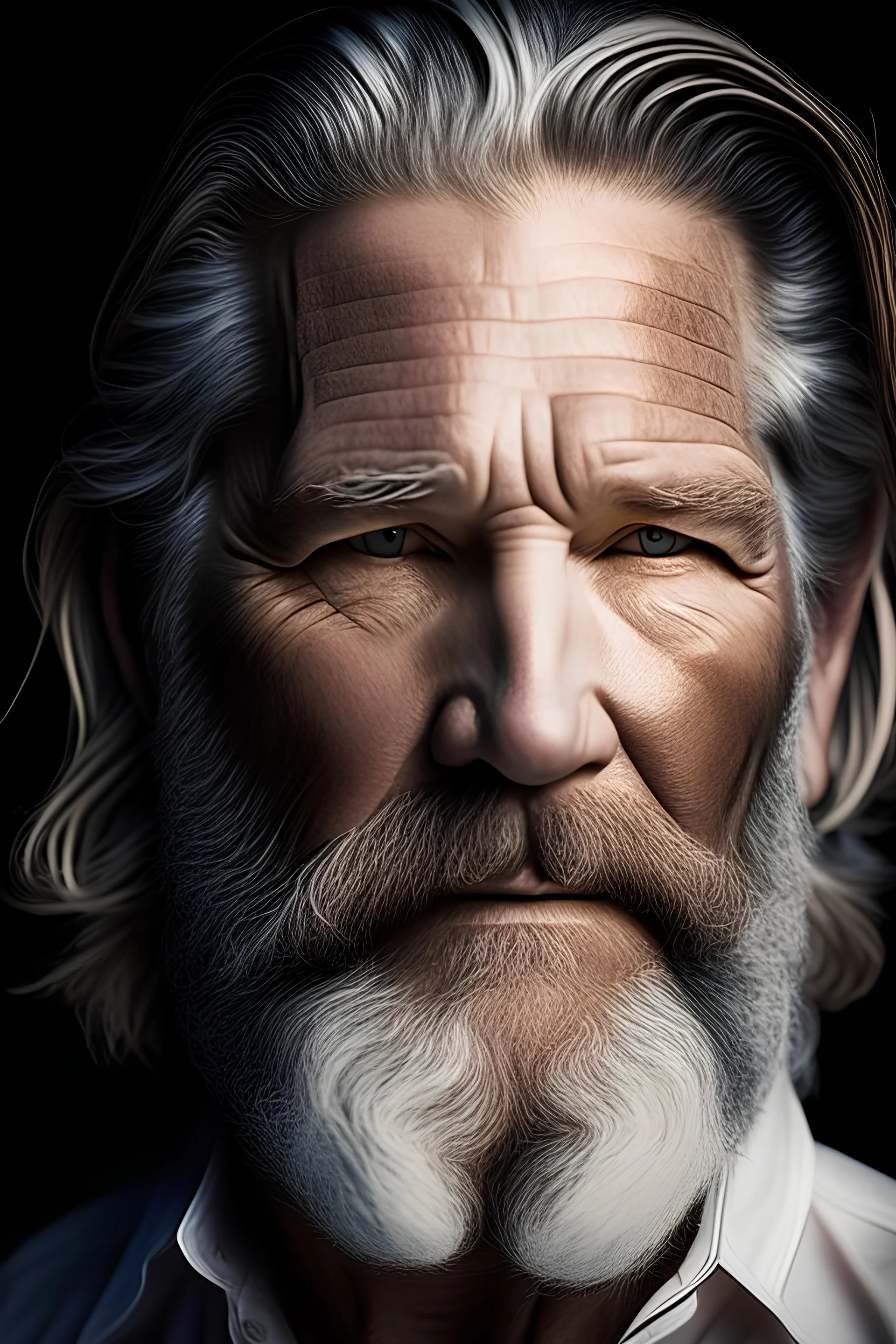 male age 55, good looking in a Jeff Bridges way, white short beard, HD, ultra-detailed, headshot photo realistic dramatic lighting