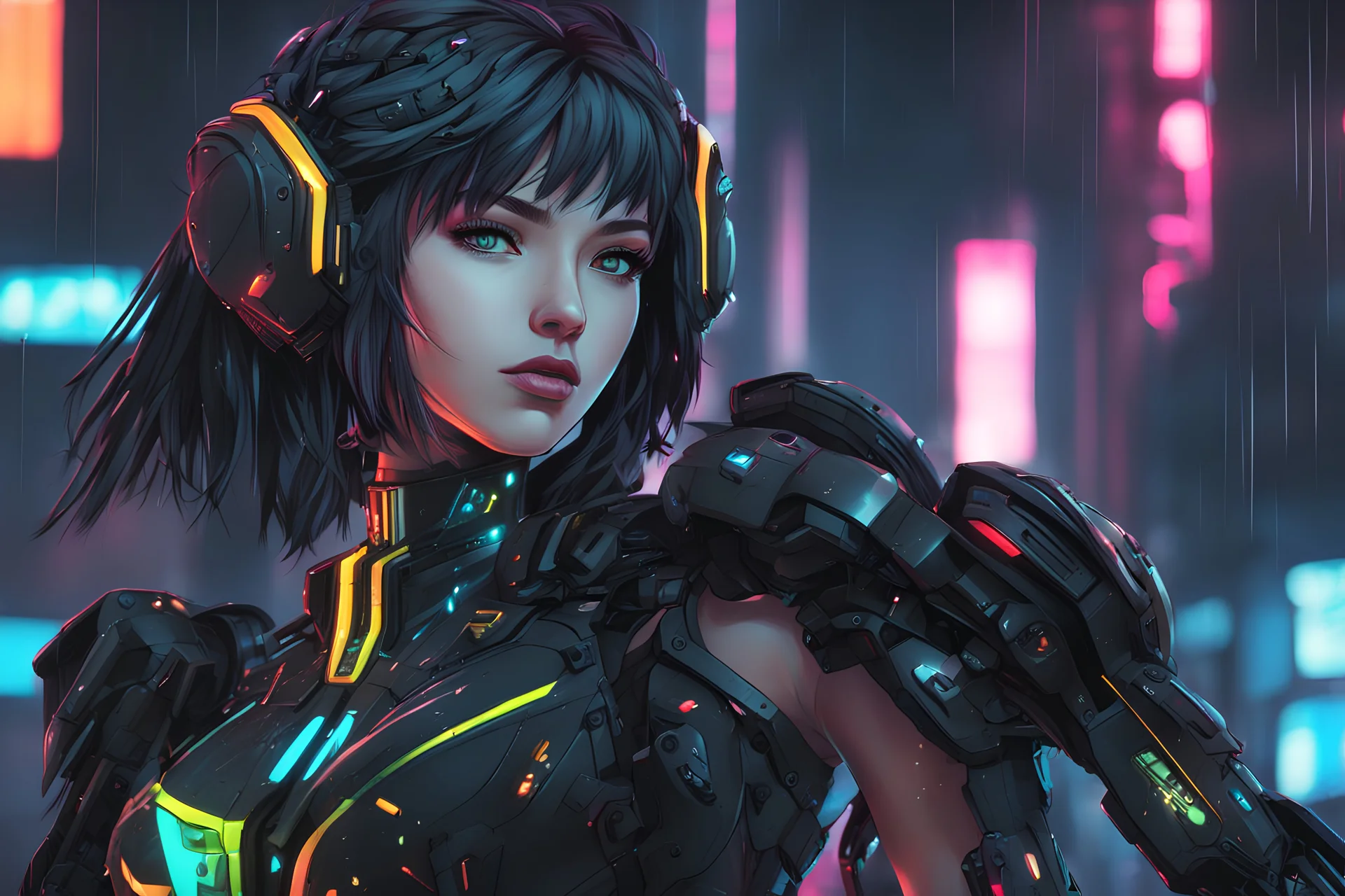 Lucy with Body parts mechanism in 8k cyberpunk anime draw style, cyberpunk them, neon effect, rain, close picture, highly detailed, high details, detailed portrait, masterpiece,ultra detailed, ultra quality