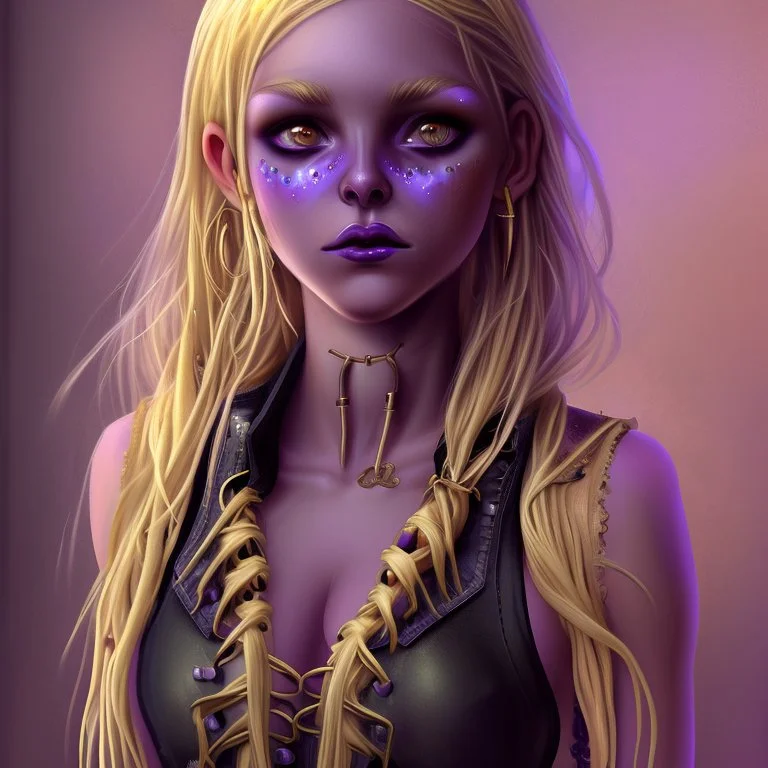 A girl with a purple gold hue around them with small bits of purple gold on their skin. They have long, dirty blonde hair and wear a tank-top with a jacket around their waist and jeans. They wear boots and have violate eyes.