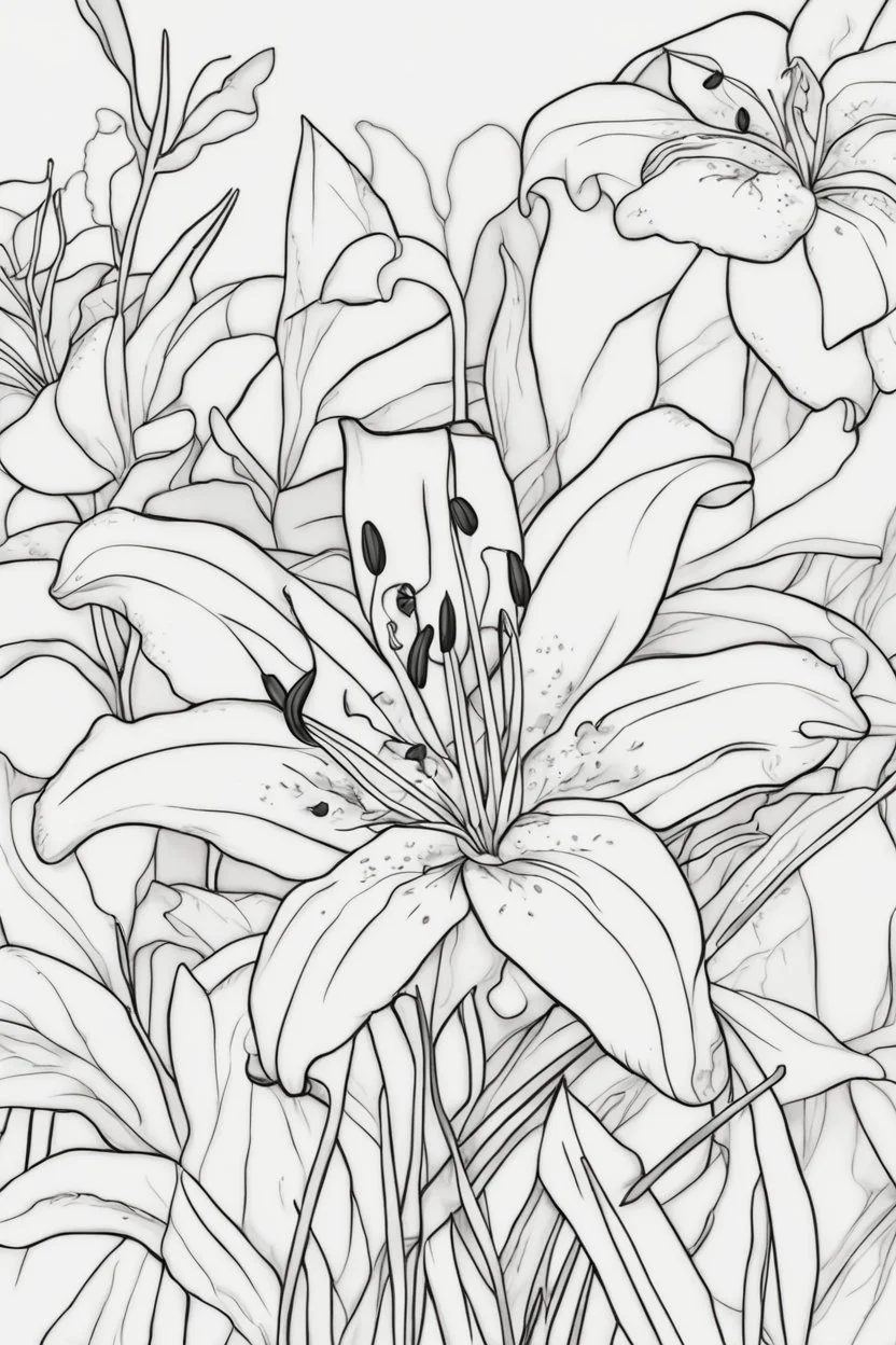 flowers coloring page for kids, tiger lily, cartoon style, thick outline, low details, no shading, no color