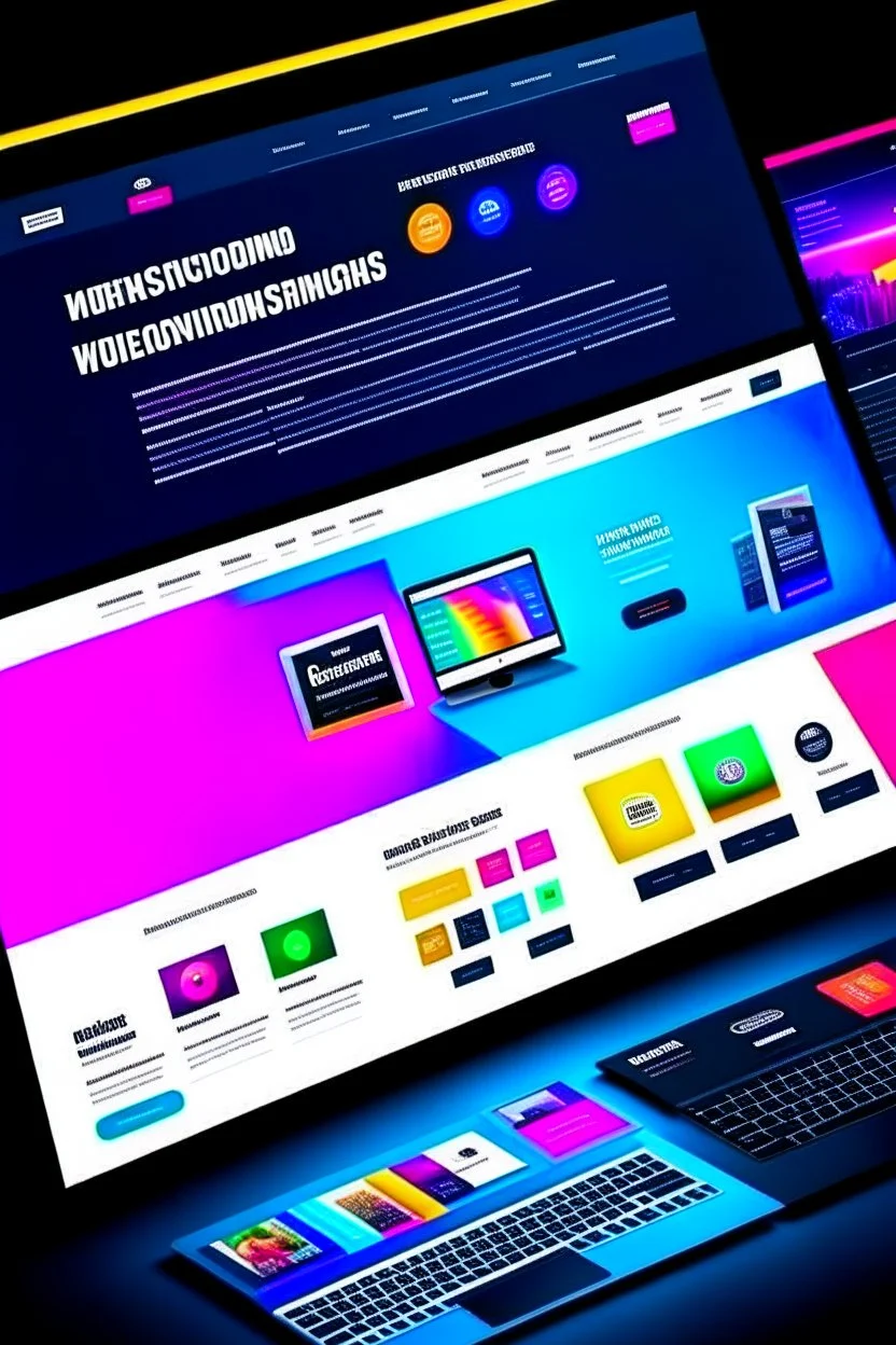 modern marketing agency landing page with navigation, photos and text on paper, colorful, many details, dark ambience, 8k