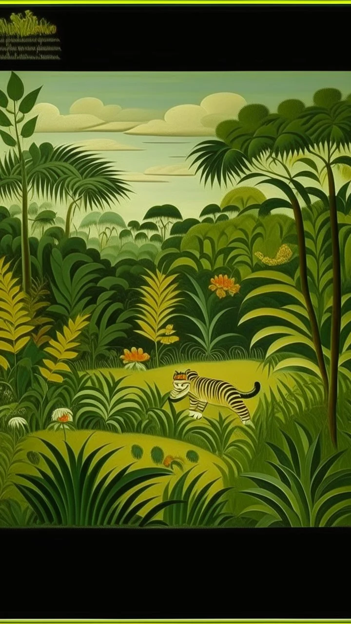 An olive green colored jungle with tigers painted by Henri Rousseau