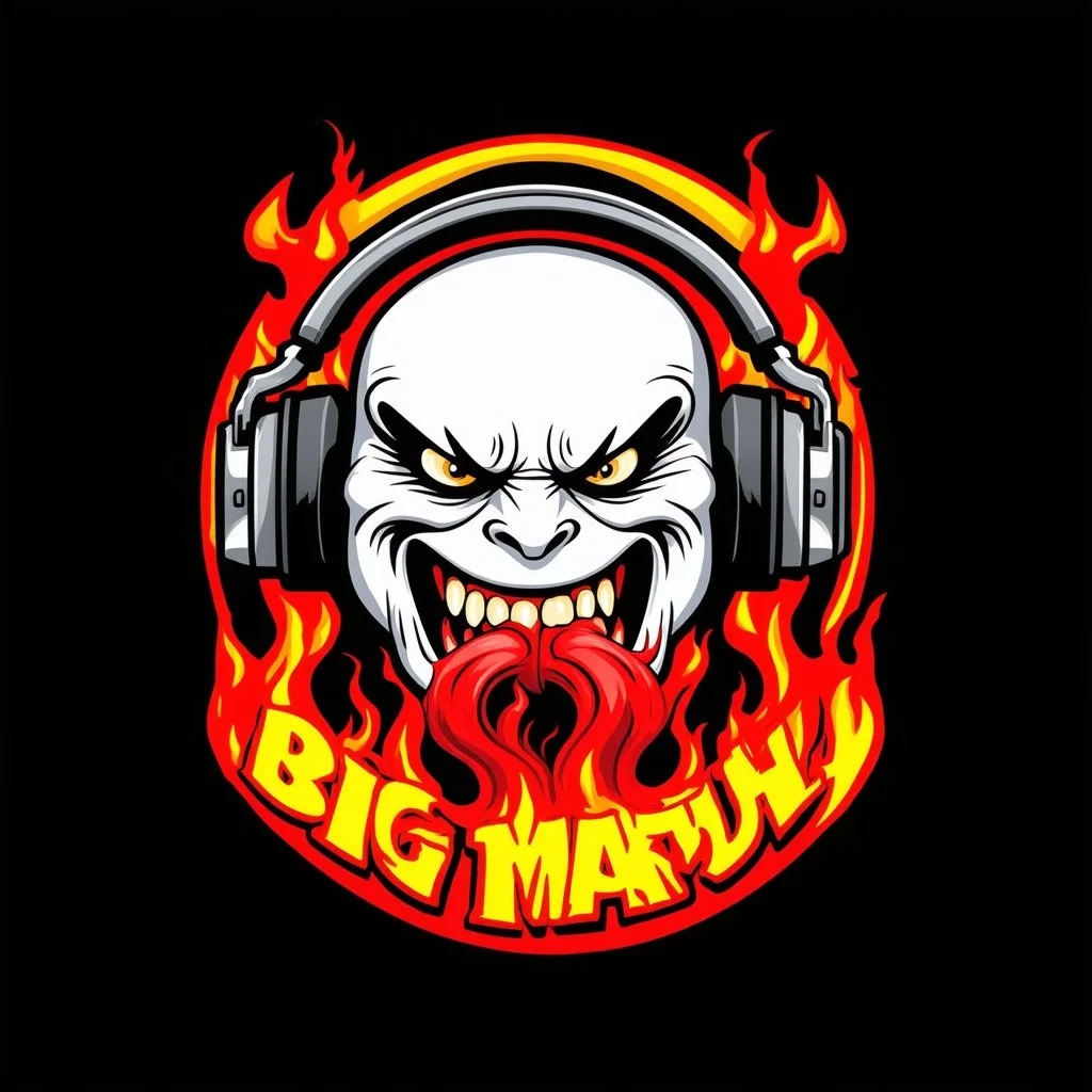 A logo for a rock band inspired by the styles of Ed "Big Daddy" Roth, graffiti art. sinister, evil marshmallow head caricature with headphones breathing red flames. The background is dark.