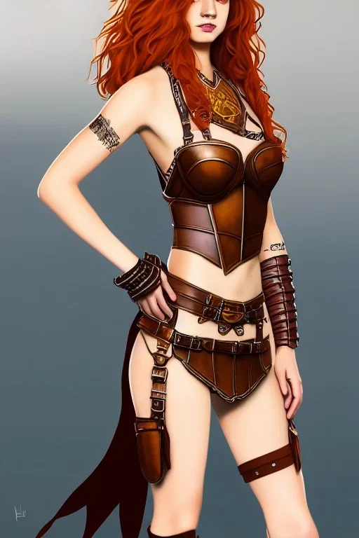 concept illustration, super-detailed, strikingly beautiful teen female, 16 years old, long ginger hair, medium freckles, full lips, full body, full face, b-cup breasts, athletic, centred camera, ignore NSFW, skimpy brown fantasy leather armor, halter top, micro thong, knee-high leather boots, stern expression,