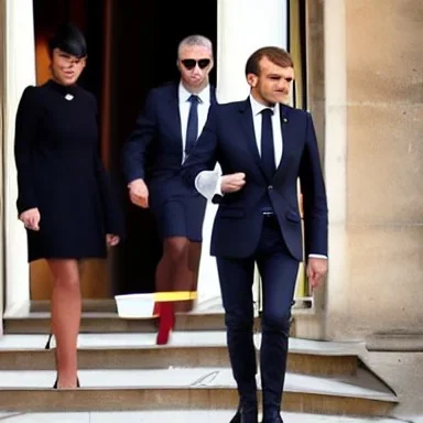 Emmanuel Macron in a pink dress full body photo