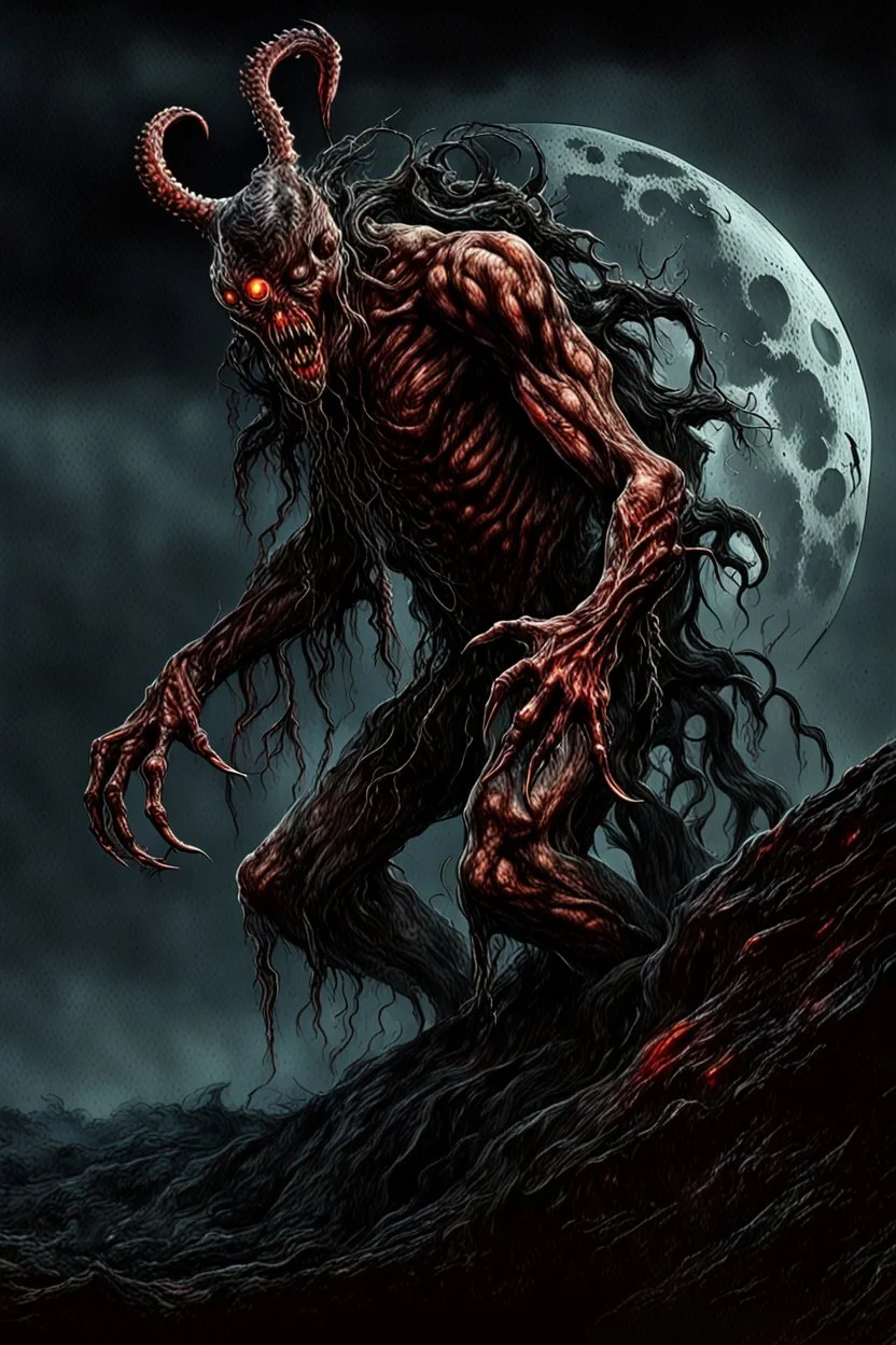 A dramatic digital painting portraying a horror monster under the Moon, veins pulsing, claws of temptation visible, soul in turmoil. In the style of Luis Royo and Boris Vallejo and Giger and Ridley Scott, vivid colors, swirling brushstrokes, highly detailed, 8k resolution, surrealistic., juicy emotions, painting, gloomy fantasy, gloomy day, dark world, portrait, wide strokes, a weaving frame around, by Ryohei Hase, Agnes Cecile, Raymond Swanland, Anne Bachelier