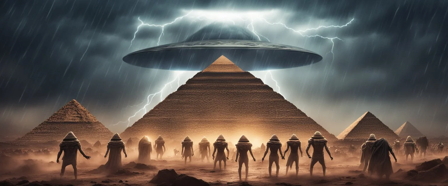 Hyper Realistic UFO aliens fighting pharaoh army outside Pyramids with thunderstorm at dark rainy night