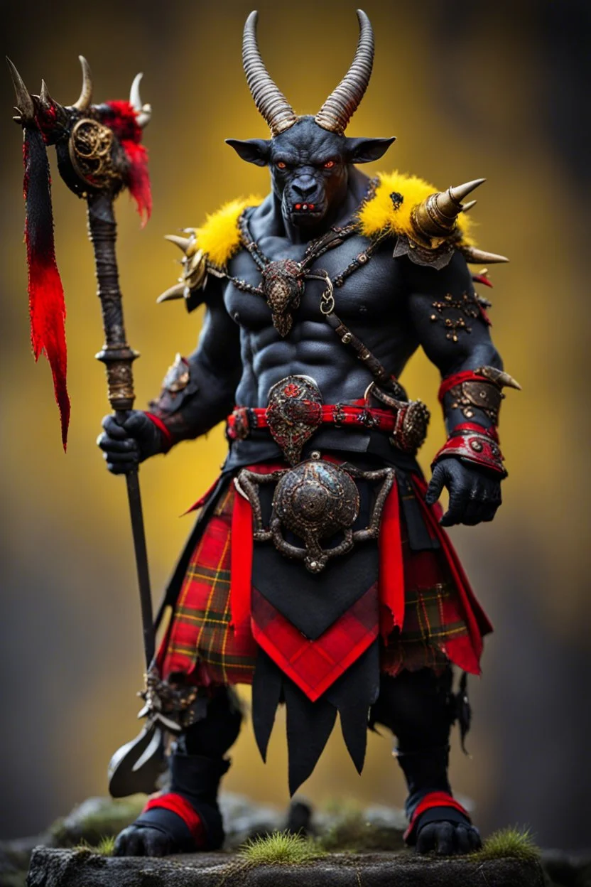 a Monster. who is big and has patch work scaling for skin. and horns. he is also wearing a Scottish clan kilt that's yellow black and red.