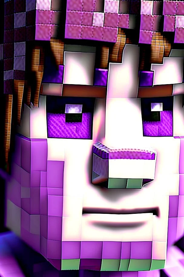 a close-up portrait of a purple Minecraft face, boy, 3d, large pixel style