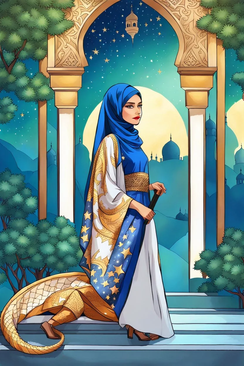 A beautiful Arab girl. Decorated silk fabric. And riding on the back of a dragon Strong ornate. Starry sky. Trees and waterfalls. And ornate mosques. And future Islamic buildings