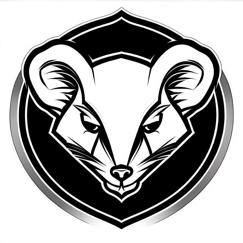 dead mouse's face logo on a triangular shield shape, vector(black white and gray)