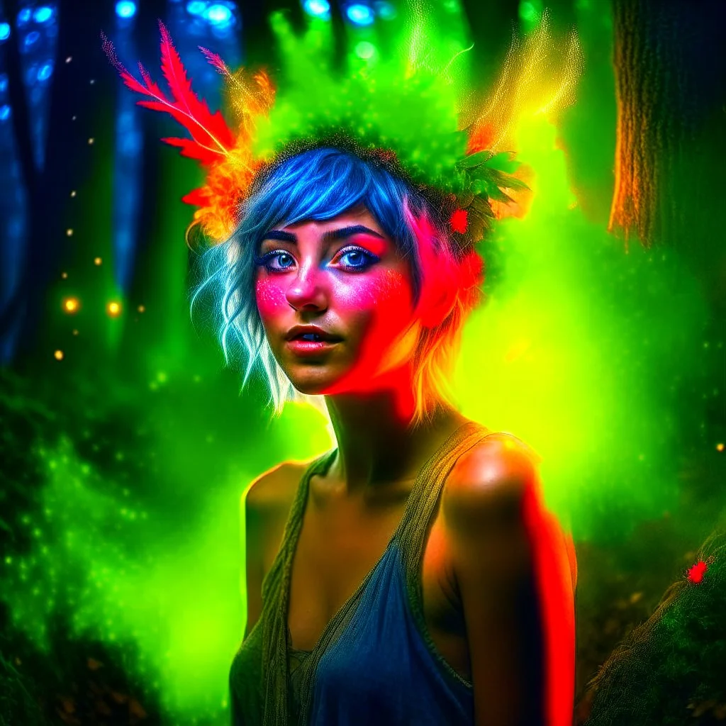 paint splatter, a hippie pixie in the underground grove glowing light, in the style of dali, 8k, down-light, soft light, depth of field, photo realism, trending on art station, high detail, smoke and fog