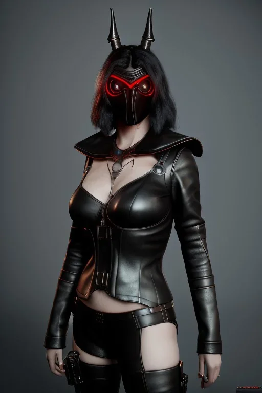 executioner in black leather, mature woman, masked eyes, cleavage, evil, angry, steam punk, 8k,dark