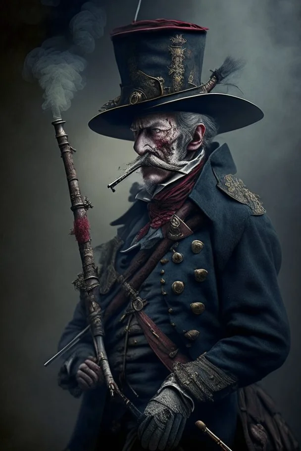 70 years old victorian bloodborne soldier with a musket and cigarette