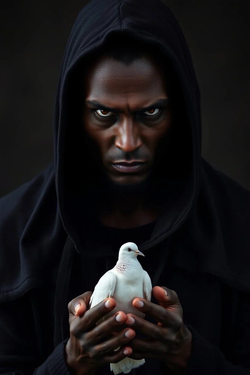 Portrait of a dark evil brown skin male hooded Cary with both hands a white dove in front