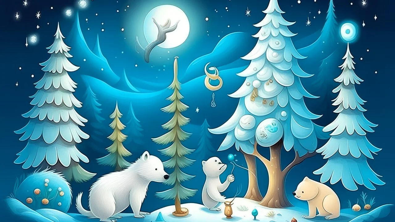 fantasy cartoon illustration: an Arctic fox, a reindeer, a polar bear, a rabbit are decorating a Christmas tree, beneath a full moon