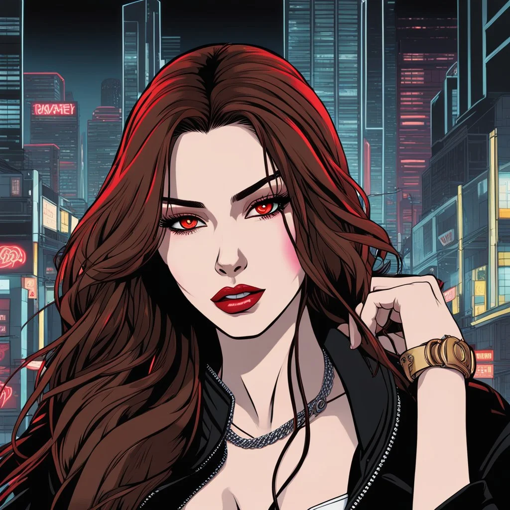 A striking headshot of a woman with long, flowing brown hair and captivating red eyes, embodying a 'bad girl' vibe. Her fierce expression suggests confidence and rebellion. Set against a modern urban backdrop with sleek buildings and neon lights, the image is intricately detailed, showcasing her features in a realistic anime style, blending elements of contemporary fashion and an edgy attitude.