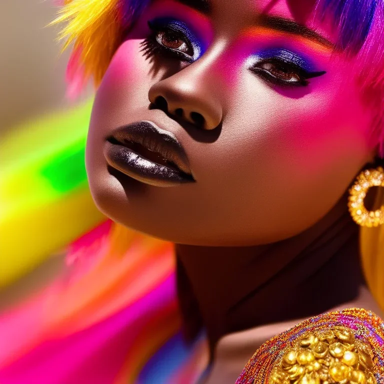 masterpiece, best quality, woman, dark skinned, sparkling eyes, fluorescent skin, colorful makeup, blond flutter hair, highly detailed body, sun light, 4K, RAW, depth of field, high contrast, realistic details, 24mm