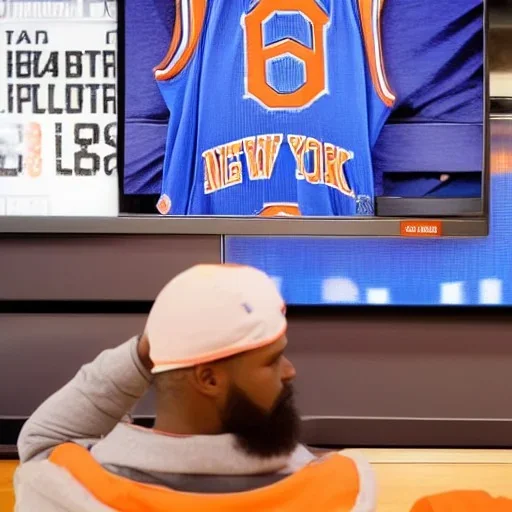 a man watching the New York Knicks on a very small television