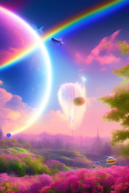 digital illustration, a world full of life divine thrill of biological tranquil sky, flowers, spaceship, bright color splashes, high detailed 8 k,ufo rainbow