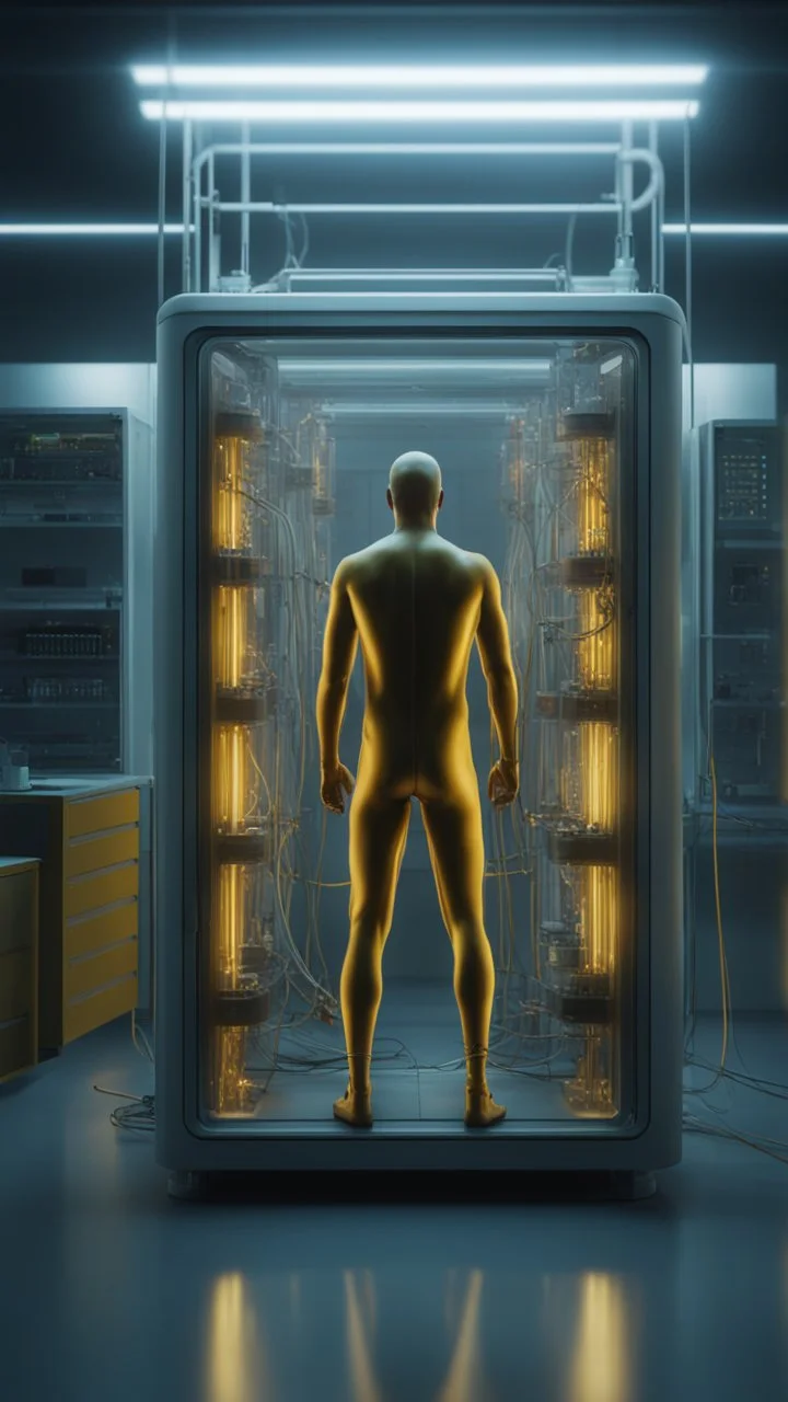 Sleeper in tube cabinet made of glass filled to the top with honey coloured liquid , in a laboratory inside it a half alien and a half human creature body standing vertically inside , connected with wires and electrical wires , the human standing in side, a high tech equipment in the background ,4K, cinematic, high resolution