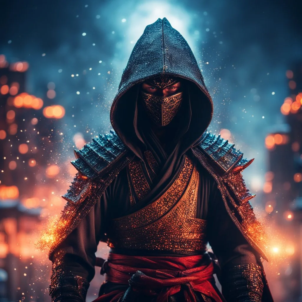 hooded samurai ready for battle, covered with glowing crystals, fire particles in air, destoryed city in background, night, bright colors, glowing sparkle particles, dark tone, sharp focus, high contrast, 8k, incredible depth, depth of field, dramatic lighting, beautifully intricate details, clean environment, epic dynamic scene