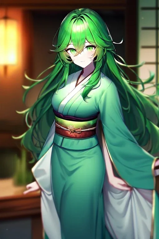 girl, masterpiece, best quality, cinematic lighting, detailed outfit, vibrant colors, perfect eyes, green eyes, long hair, green hair, messy hair, hair between eyes, indoors, depth of field, ray tracing, kimono,