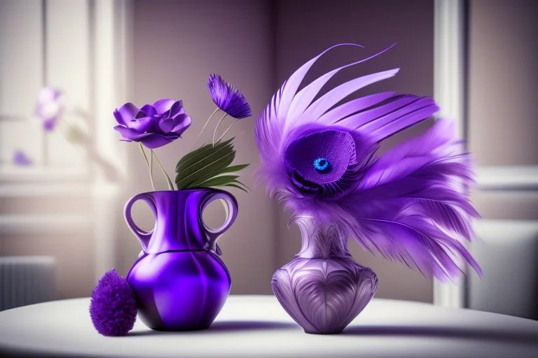 a beautiful, lifelike feather bouquet in purple with a lifelike eye in the centre in a beautifu vase in an elegant room S<AI Nikon D850 highly detailed digital painting sharp focus elegant intricate photorealistic 4k very attractive beautiful dynamic lighting award winning fantastic view crisp quality Unreal Engine very cute cinematic postprocessing acrylic art in sunshine