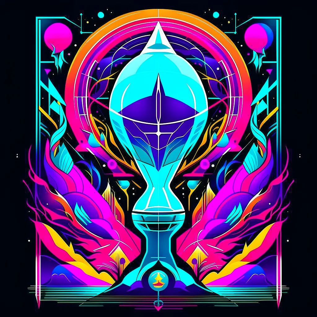 Digitalized hourglass, vector art, Neon space retro, vaporwave, by Petros Afshar, abstract art, maximalism, synthwave album cover, meditative brillance, by Arthur Secunda and Petros Afshar,